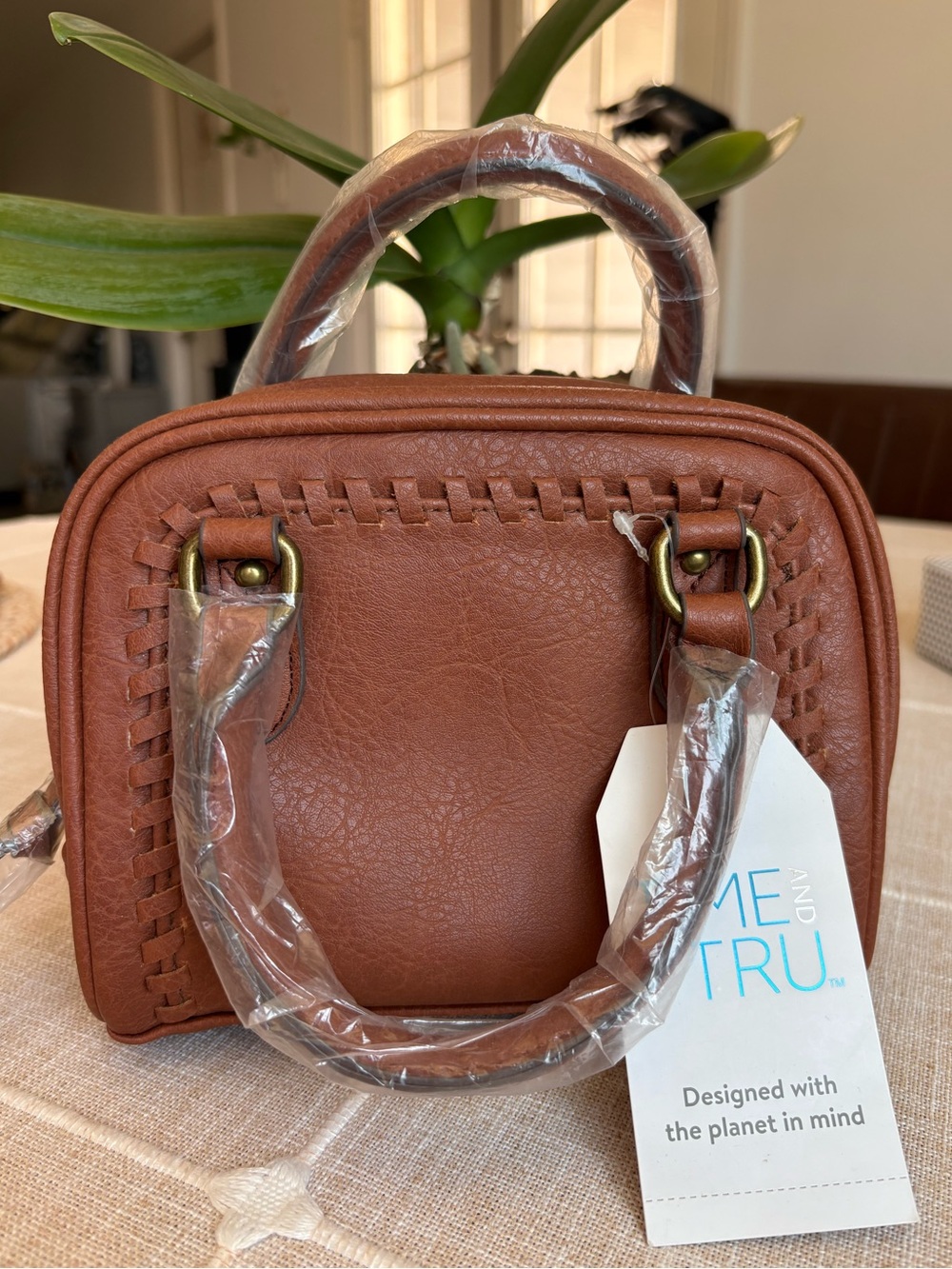Time and Tru Small Woven-Trim Satchel in Cognac Brown